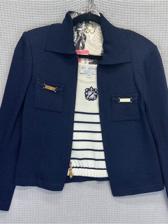 St. John Jackets & Blazers - Vtg St John Navy Nautical Blazer W/Sleeveless Striped Tank Top Small P Gold